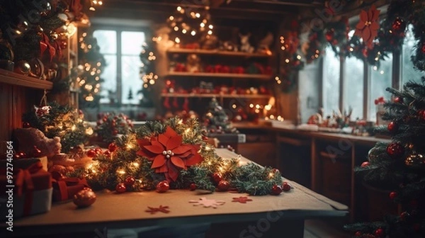 Fototapeta Crafting handmade Christmas garlands with felt, string, and holiday-themed cutouts, in a cozy crafting space. 4K hyperrealistic photo.