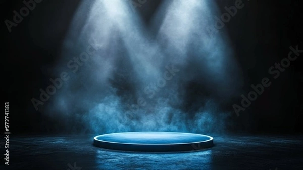 Fototapeta Illuminated Blue Circular Podium on Dark Background