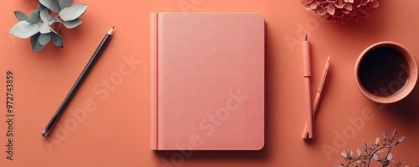 Fototapeta Flat lay of a coral notebook, pens, a coffee cup, and greenery on an orange background, perfect for creative workspace inspiration.