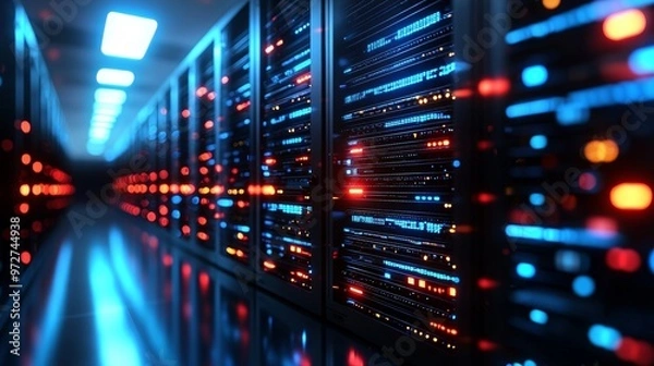 Obraz Illuminated High Tech Data Center Hallway with Futuristic Architectural Design