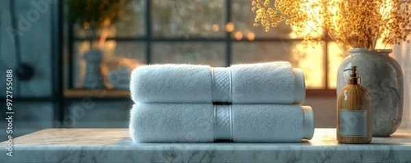 Fototapeta Soft white towels neatly stacked on a marble surface, complemented by a decorative vase and a warm, inviting atmosphere.