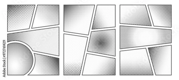 Obraz Set of white and black halftone comic manga book template screentone page. Pop art halftone frame background with dot effects. Vector cartoon illustration
