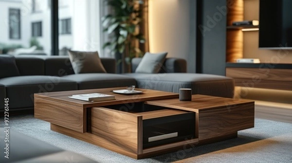 Fototapeta A multifunctional wooden coffee table with hidden storage compartments, placed in a modern apartment living room with stylish decor