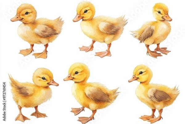 Obraz Playful Yellow Ducklings Watercolor Illustration for Kids â€“ Bright and Cute Animal Artwork with Copy Space for Text