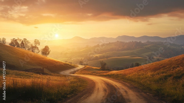 Fototapeta A tranquil countryside scene at sunrise, with a dirt road winding through rolling hills and the sun rising in the distance.