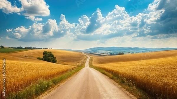 Fototapeta A scenic countryside road leading through rolling fields of golden wheat, with a clear blue sky and puffy white clouds overhead, stretching towards the horizon.
