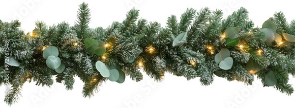 Fototapeta Festive Christmas garland with minimalistic decor, green needles, lights , eucalyptus for winter holiday decorations. Isolated on transparent background. PNG