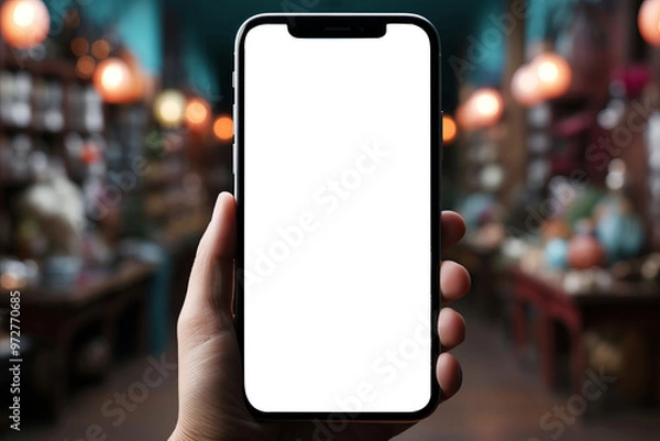 Fototapeta Close-up of a hand holding a smartphone with a blank white screen, set against a blurred background of a cozy, warmly lit shop or cafe, offering a template for digital content display.