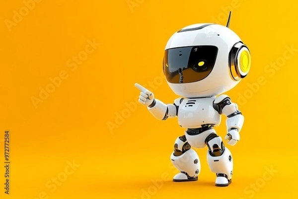 Fototapeta A cute robot points at a space in a positive way. Copy it