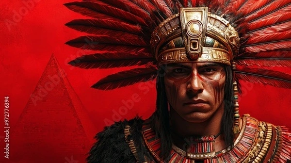 Fototapeta Aztec warrior before pyramid