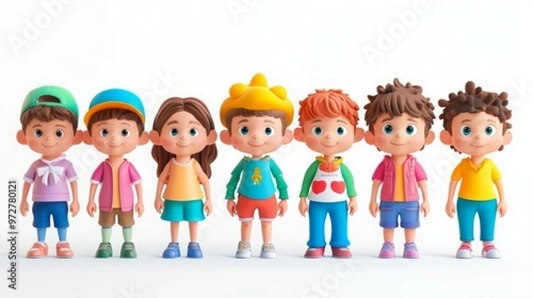 Obraz A group of cartoon children stand in a line, smiling.
