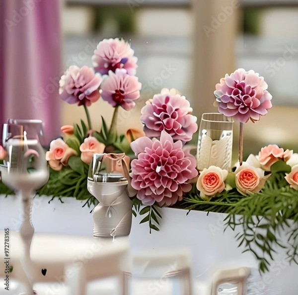 Obraz Perfect wedding decoration. Flower table decorations for wedding party. Wedding Setup.