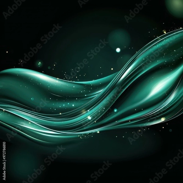 Fototapeta Abstract flowing teal waves with glimmering lights on a dark background.