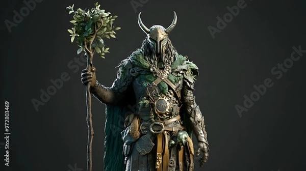 Fototapeta 20. **Charming 3D model of a mystical druid warrior with a staff and nature-themed armor