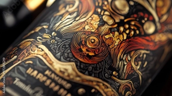 Fototapeta Close-up of a craft beer label featuring intricate artwork and a description of the