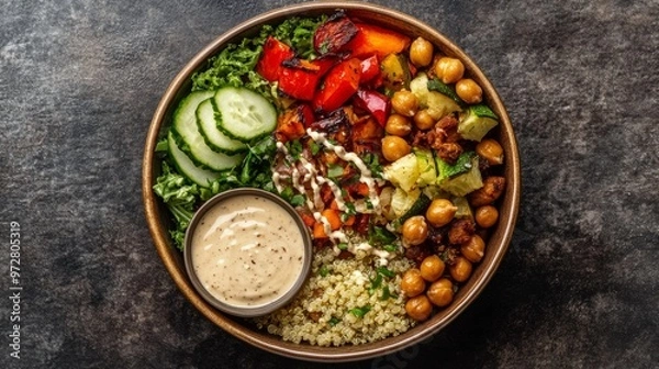 Fototapeta Fresh and Nutritious Garden Salad Bowl with Leafy Greens, Vegetables, Nuts, and Seeds for a Healthy Diet Concept