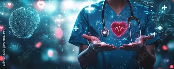 Fototapeta Nurse in blue scrubs holding out hands with medical symbols and heart hologram in a futuristic healthcare concept