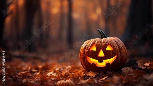 Obraz Festive and playful Halloween scene with small carved pumpkins on the left side against a dark background, enhanced by orange bokeh light orbs in the foreground.A lively autumn atmosphere wallpaper