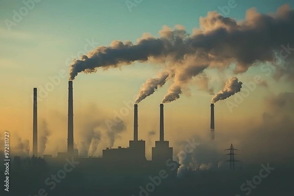 Fototapeta A silhouette of a power plant with smoke billowing out of the chimneys against a hazy sunset sky.