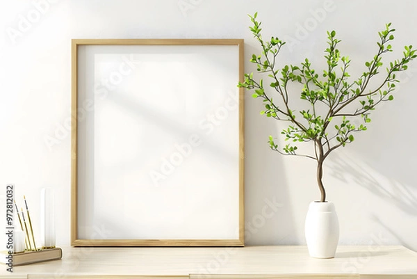 Obraz Blank landscape wooden frame with small houseplant, painting, or artwork display mockup. Generative Ai.