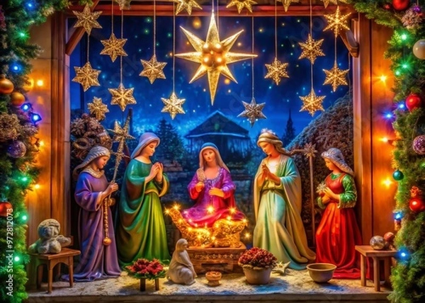 Fototapeta Vibrant window display showcases colorful nativity scene with bright stars, angels, and intricate details amidst