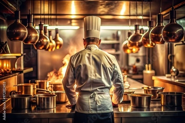 Fototapeta A professional chef stands with his back to the viewer in a stainless steel kitchen with pots and pans arranged around stovetops and under hanging lights