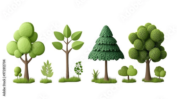 Fototapeta A row of stylized cartoon trees and bushes set against a black background.
