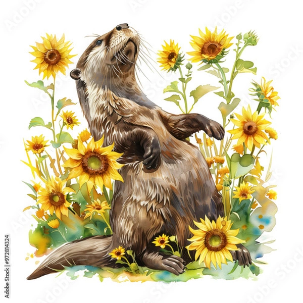 Obraz A playful otter rolls in a field of sunflowers with a dark background.
