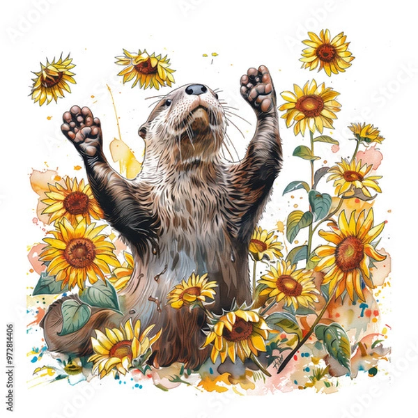 Obraz A playful otter rolls in a field of sunflowers with a dark background.
