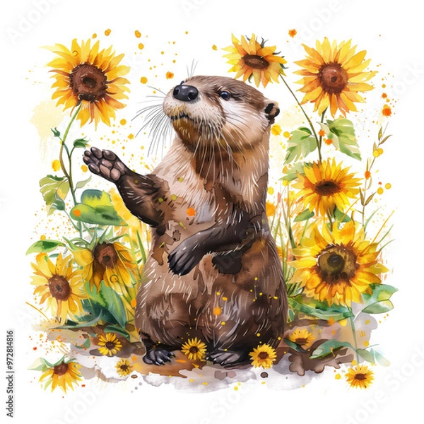 Obraz A playful otter rolls in a field of sunflowers with a dark background.
