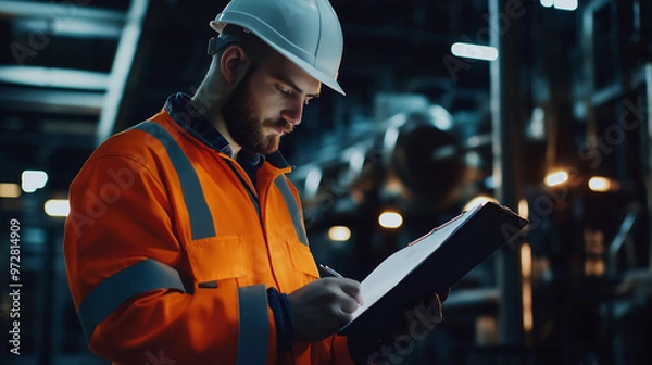 Fototapeta Industrial engineer wearing a hard hat and high-visibility jacket using a tablet in a large factory.