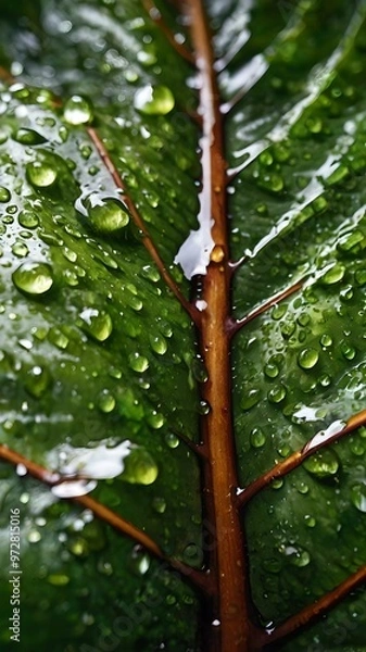 Fototapeta Close-Up of Rain-Kissed Greenery Capturing the Beauty of Water Droplets on a Vibrant Jungle Leaf