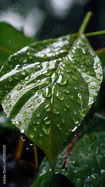 Fototapeta Close-Up of Rain-Kissed Greenery Capturing the Beauty of Water Droplets on a Vibrant Jungle Leaf