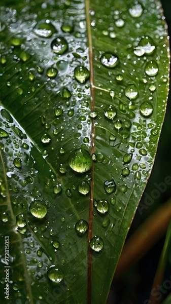 Fototapeta Close-Up of Rain-Kissed Greenery Capturing the Beauty of Water Droplets on a Vibrant Jungle Leaf
