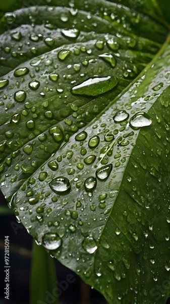Fototapeta Close-Up of Rain-Kissed Greenery Capturing the Beauty of Water Droplets on a Vibrant Jungle Leaf