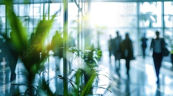 Fototapeta Blurred background of people walking in a modern office building with green trees and sunlight , eco friendly and ecological responsible business concept image with copy space