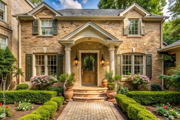 Obraz Warm beige brick exterior of a charming residential home with traditional architecture, adorned with lush greenery,