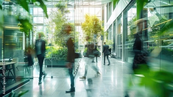 Fototapeta Blurred background of people walking in a modern office building with green trees and sunlight , eco friendly and ecological responsible business concept image with copy space
