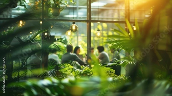 Fototapeta Blurred background of people walking in a modern office building with green trees and sunlight , eco friendly and ecological responsible business concept image with copy space