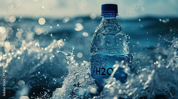 Fototapeta Close up of a water bottle with H2O text on the label, standing in ocean waves with splashes and ripples. A water concept. Shallow depth of field effect creates a bokeh background. 