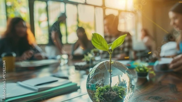 Fototapeta Group of students studying at a desk with a glass globe and sprouting plant on the table, representing the sustainable development goal concept of environment protection