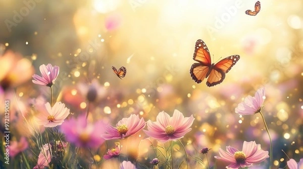 Fototapeta enchanted meadow bursting with vibrant cosmos flowers delicate butterflies dancing among petals golden sunbeams filtering through creating magical bokeh effect