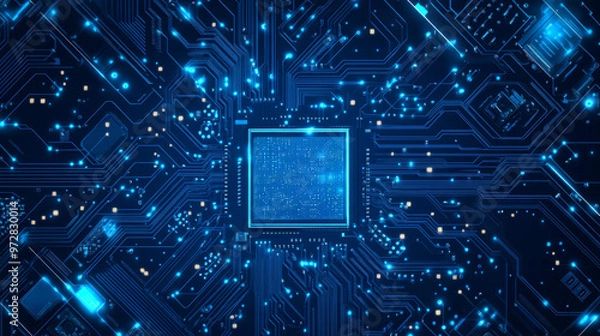 Obraz A detailed digital vector illustration showing an AI chip from a top view, set against a technology-themed blue background. The light blue microchip features an abstract circuit board design, emphasiz