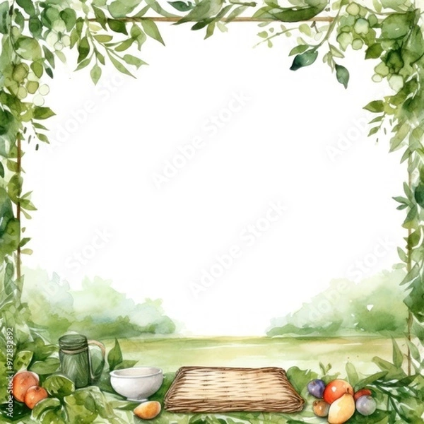 Obraz Serene Watercolor Spring Picnic Scene with Floral Frame and Tea Setting - Idyllic Nature Background Illustration