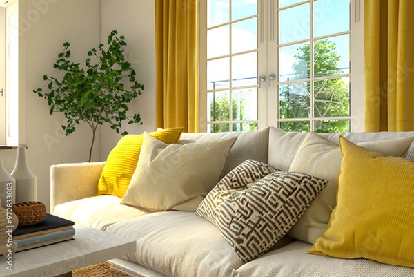 Fototapeta Farmhouse interior design of modern living room, home Fabric sofa with yellow pillows interior design 3d render. Generative Ai.