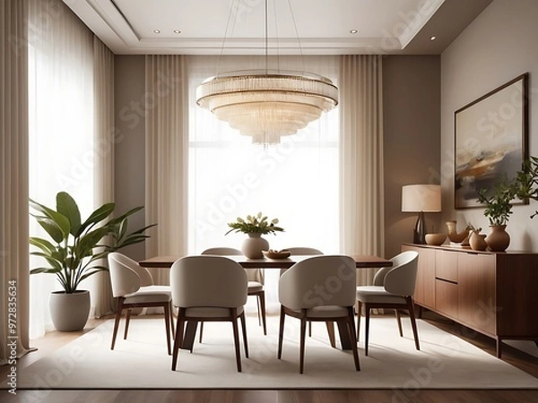 Fototapeta Contemporary Dining Room with Wooden Table and Soft Beige Accents