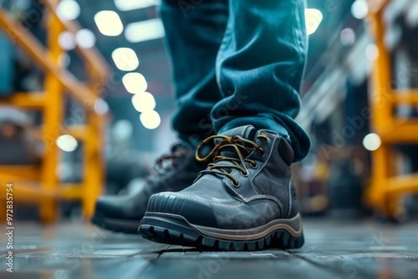 Obraz Close up of safety working shoe on worker feet standing in factory