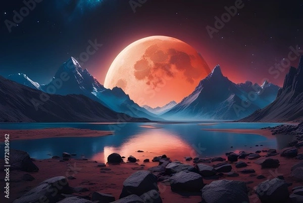 Fototapeta Full moon over mountains and a lake at midnight
