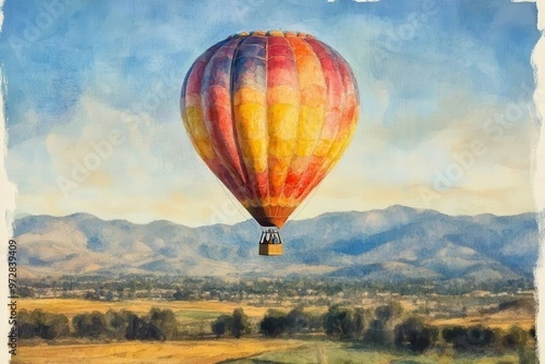 Fototapeta Watercolor Hot Air Balloon Over Fields