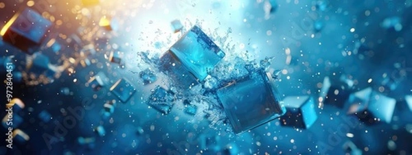 Obraz Falling ice cube with water drops splashing abstract background selective focus